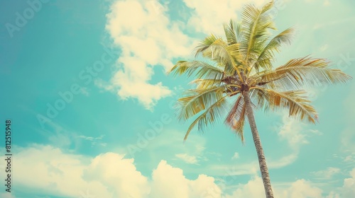 Palm tree on tropical beach with blue sky and white clouds abstract background. generative ai
