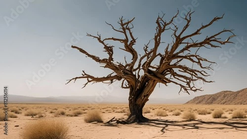 Dry land with dry tree in the desert. Climate change and global warming concept