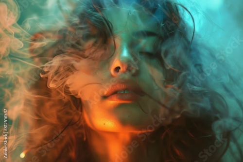 Woman with long hair and smoke coming out of her mouth. Satisfaction concept background