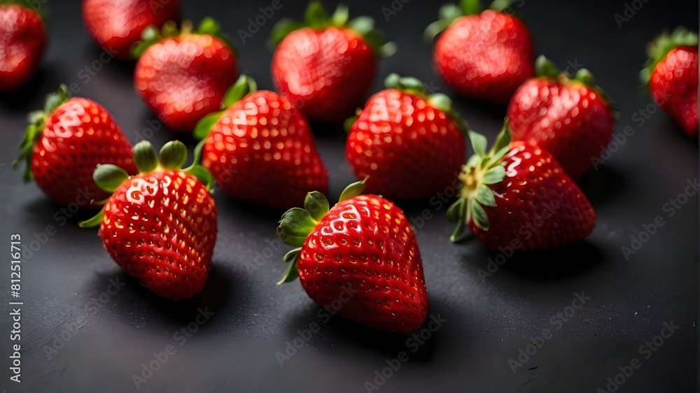 Fresh strawberries against a black background. Top View