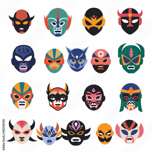 A set of colorful lucha libre icons on a white background in a vector illustration. A simple yet striking iconographic symbol representing the Mexican wrestling photo