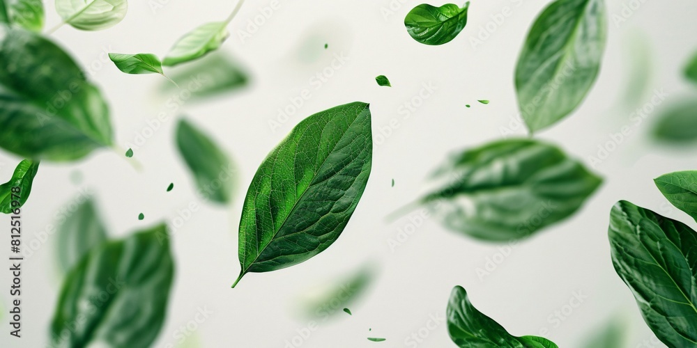 A verdant leaf twirls on a blank canvas.