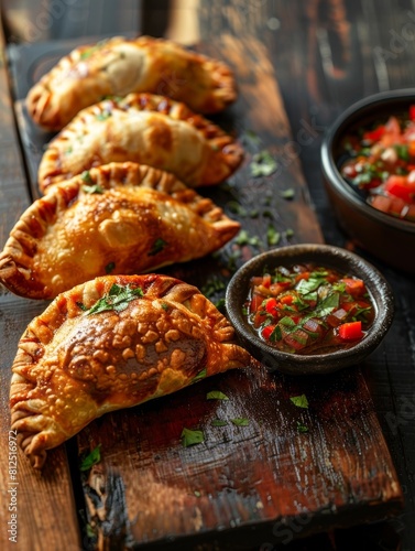 Freshly baked Chilean empanadas, savory pastries filled with a delectable mixture, served alongside a vibrant pebre sauce on a rustic wooden board. This traditional pairing showcases Chilean cuisine. photo