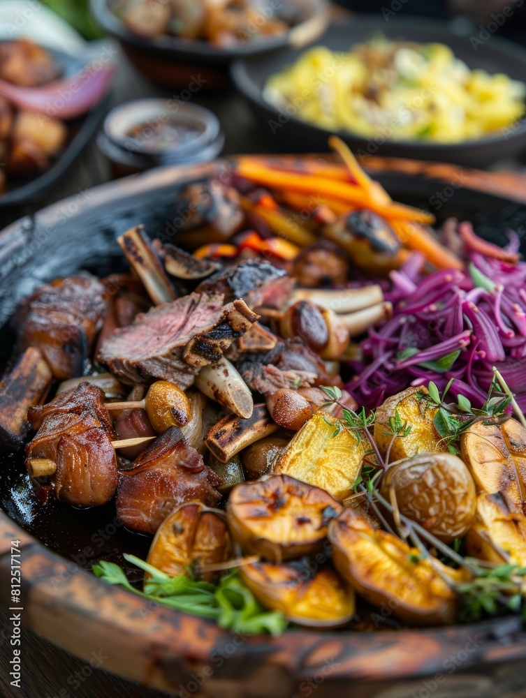 A traditional Maori hangi dish from New Zealand, featuring meats and vegetables slow-cooked in an underground earth oven, displayed on a rustic platter for an authentic and cultural culinary. A traditional Maori hangi dish from New Zealand, featuring meats and vegetables slow-cooked in an underground earth oven, displayed on a rustic platter for an authentic and cultural culinary.