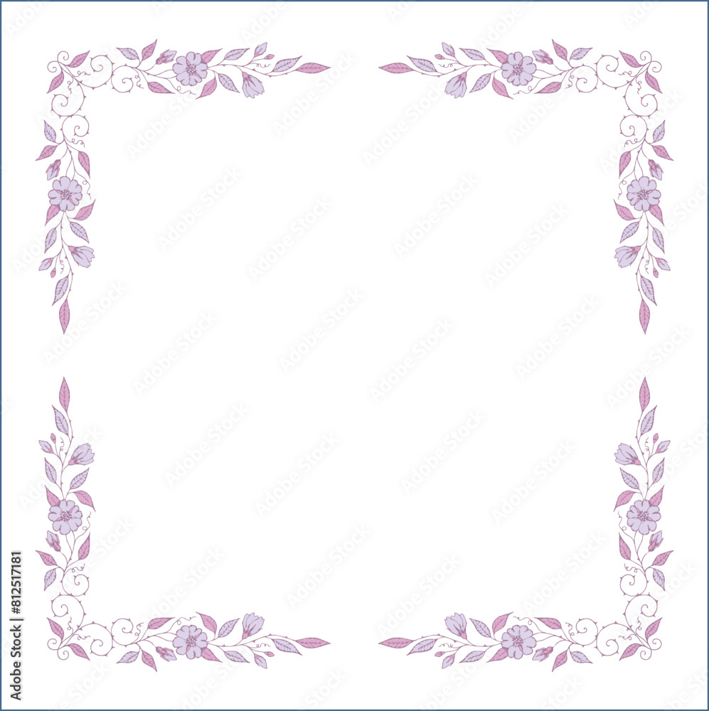 Light purple vegetal ornamental frame with leaves and flowers, decorative border, corners for greeting cards, banners, business cards, invitations, menus. Isolated vector illustration. Light purple vegetal ornamental frame with leaves and flowers, decorative border, corners for greeting cards, banners, business cards, invitations, menus. Isolated vector illustration.