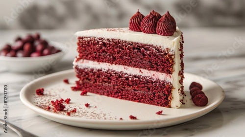 A slice of red velvet cake with white frosting on a white plate