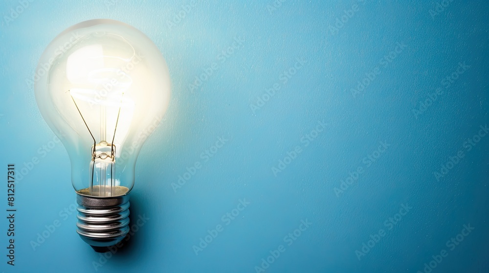 A solitary lightbulb illuminating a blue background with blank space A solitary lightbulb illuminating a blue background with blank space