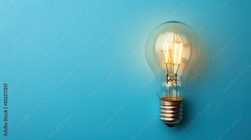 A solitary lightbulb illuminating a blue background with copy space A solitary lightbulb illuminating a blue background with copy space