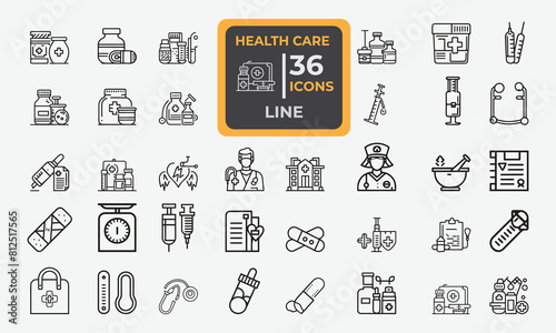 Set of 36 line icons related to Medicine, Health Care and Pharmacy. Outline icon collection. Editable stroke. Vector illustration