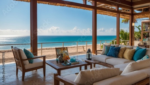 Beachfront Bliss  Resort Living Area and Terrace Immersed in Tranquil Ocean Vibes