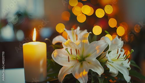 Funeral. White lilies and burning candle indoors  bokeh effect