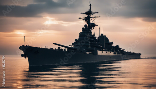 American fighter aircraft carrier silhouette in the ocean, sunset view 