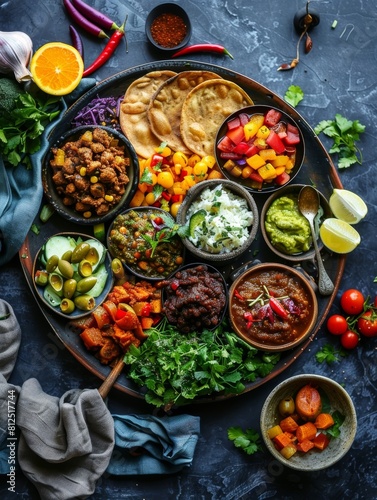 A traditional Ethiopian injera platter featuring a variety of spicy stews and vibrant vegetable side dishes. This authentic, homemade spread showcases the rich and flavorful cuisine of Ethiopia. photo