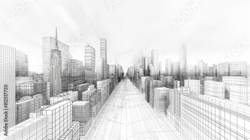 Abstract 3d city rendering with lines and digital elements. Digital skyscrappers with wire texture. Technology and connection concept. Perspective architecture background with wireframe skyscrapers.  photo