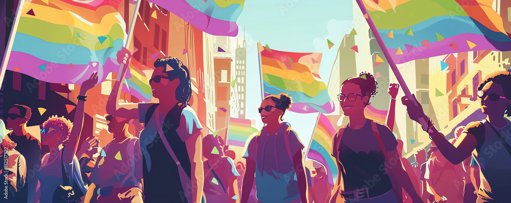 Pride Parade. A group of people are marching in a parade, carrying rainbow flags and signs. They are wearing colorful clothes and are all smiling and happy. The background is a cityscape. Pride Parade. A group of people are marching in a parade, carrying rainbow flags and signs. They are wearing colorful clothes and are all smiling and happy. The background is a cityscape.