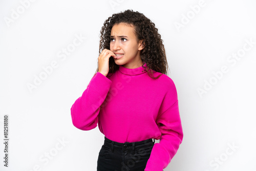 Young Arab woman isolated on white background is a little bit nervous