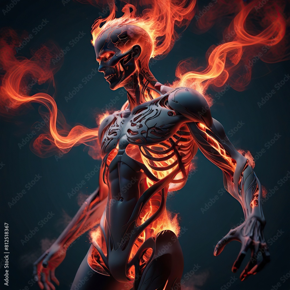 Free photo New dynamic 3d Human-Robot with Colorful Fire Background