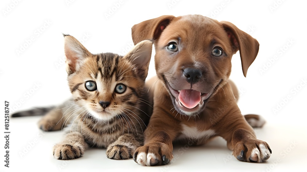 Portrait of a funny little dog and a cat looking at the camera together, happy smiling puppy and cute kitten's studio shot, isolated white background. Friendship of dog and cat. Portrait of a funny little dog and a cat looking at the camera together, happy smiling puppy and cute kitten's studio shot, isolated white background. Friendship of dog and cat.
