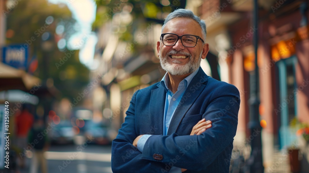An accomplished depiction of an elderly executive expert leader observing the camera by an office. Grinning self-assured Spanish mature businessman with arms crossed on a bustling urban road. An accomplished depiction of an elderly executive expert leader observing the camera by an office. Grinning self-assured Spanish mature businessman with arms crossed on a bustling urban road.