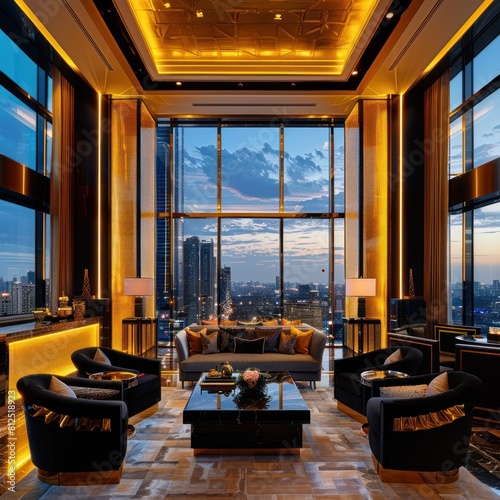 Luxurious Lounge with Panoramic City Skyline View