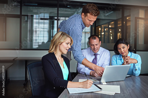 Wallpaper Mural Teamwork, laptop and business people in meeting, collaboration and brainstorming with planning. Startup, group and employees with computer, cooperation and partnership with research, project and talk Torontodigital.ca