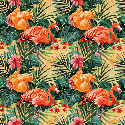 Floral seamless tropical pattern background with exotic flowers  palm leaves  jungle leaf  hibiscus  orchid flower  pink flamingos. Illustration in Hawaiian style