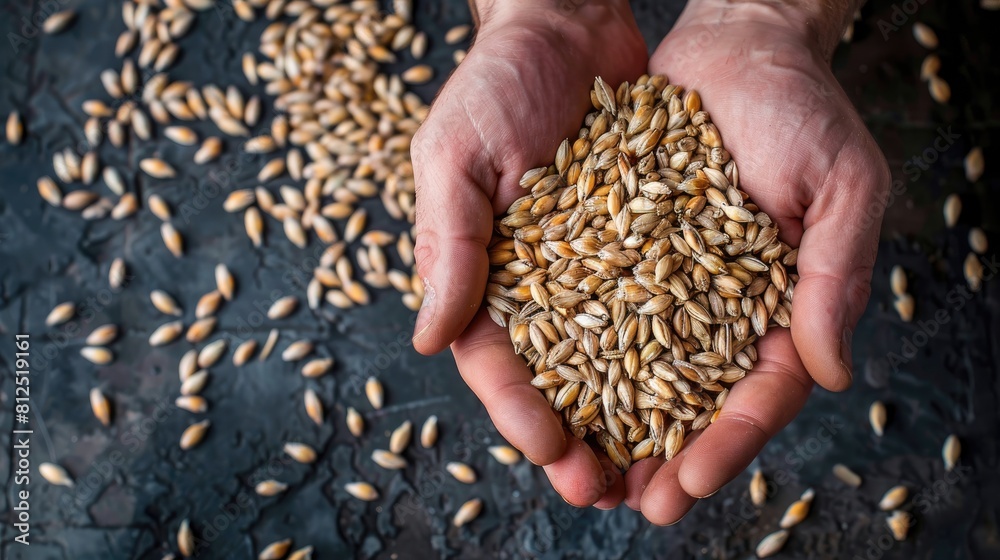 Detailed Image of Barley Malt Grains Held in Hands Beer Ingredient with Textured Background Perfect for Marketing Display Detailed Image of Barley Malt Grains Held in Hands Beer Ingredient with Textured Background Perfect for Marketing Display