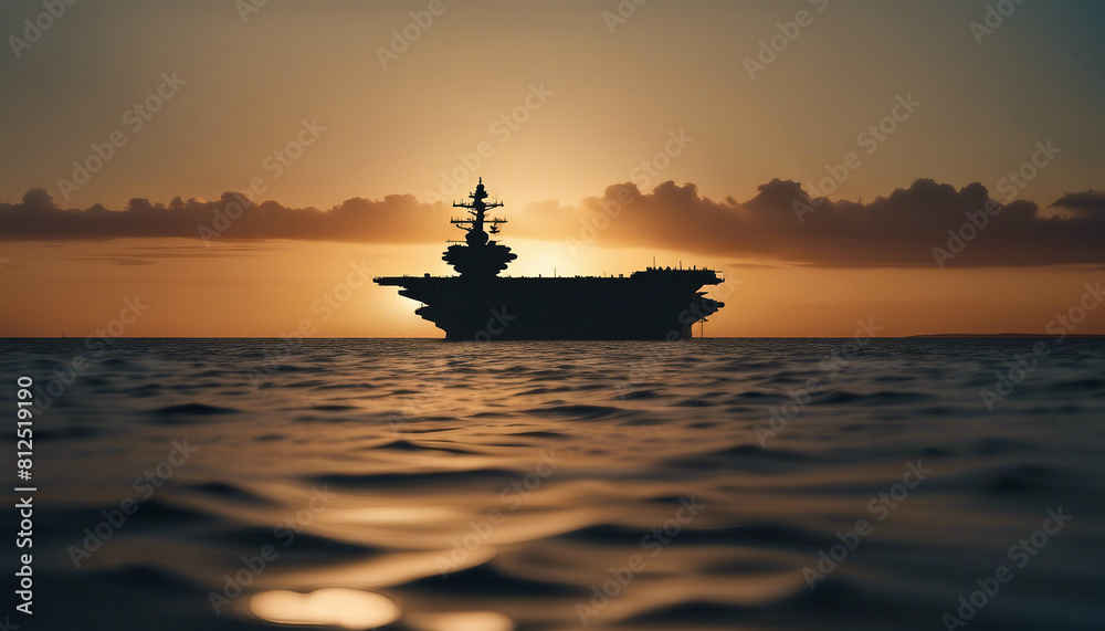 American fighter aircraft carrier silhouette in the ocean, sunset view
American fighter aircraft carrier silhouette in the ocean, sunset view