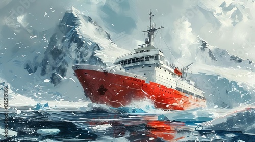 Sketch a polar expedition ship navigating through icy waters, its bow breaking through floes as it charts a course through the frozen sea