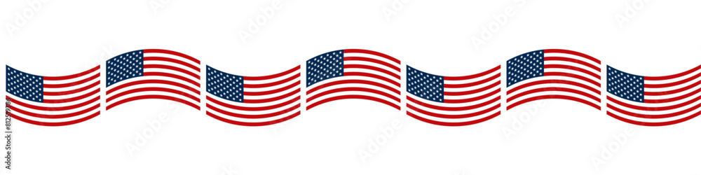 Decorative border with wavy Flag of the United States pattern, alternately curved up and down. Seamless tile with the American flag, The Stars and Stripes, Old Glory, or also The Star-Spangled Banner. Decorative border with wavy Flag of the United States pattern, alternately curved up and down. Seamless tile with the American flag, The Stars and Stripes, Old Glory, or also The Star-Spangled Banner.