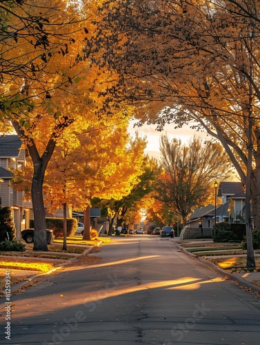 Tranquil residential road lined with homes and autumn-colored foliage during sunset.
