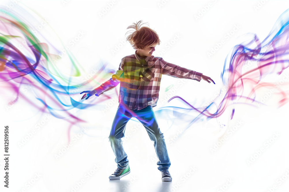 An AI generative image of boy dancing with smoke line effect on white background. An AI generative image of boy dancing with smoke line effect on white background.