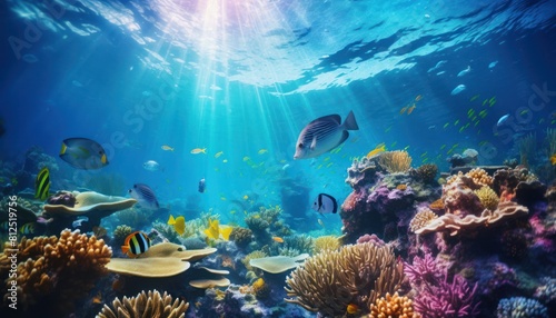 Tropical fish in the underwater  coral reef  amazing underwater life  various fish and exotic coral reefs  ocean wild creatures background