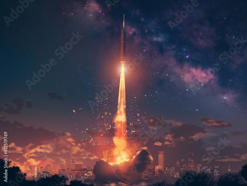 A spacecraft ascends against a twilight sky, illuminating the urban skyline with a fiery trail.