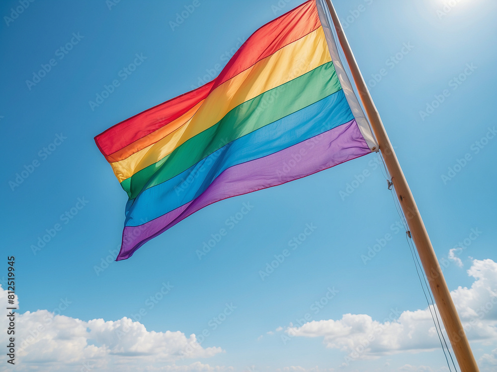 Rainbow Pride, LGBTQ Flag Soaring Against Blue Sky Rainbow Pride, LGBTQ Flag Soaring Against Blue Sky
