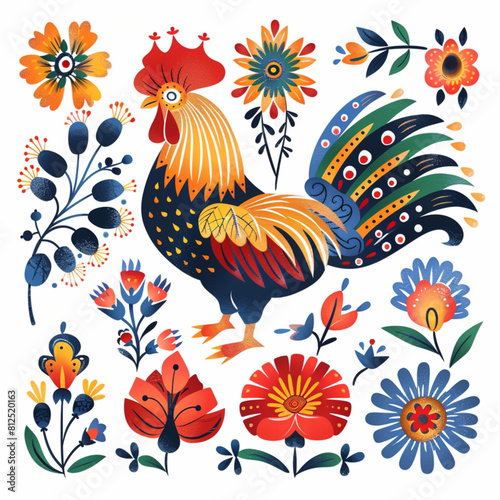 vector graphic logo of traditional Polish folk ornament and rooster  colorful flower pattern  white background 