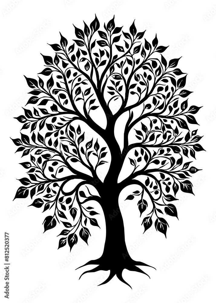 Obraz premium Tree . Black and white botanical pattern. For use in graphics, materials. Abstract plant shapes. Minimalist illustration for printing on wall decorations. Generated by Ai