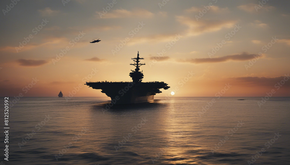 American fighter aircraft carrier silhouette in the ocean, sunset view
American fighter aircraft carrier silhouette in the ocean, sunset view