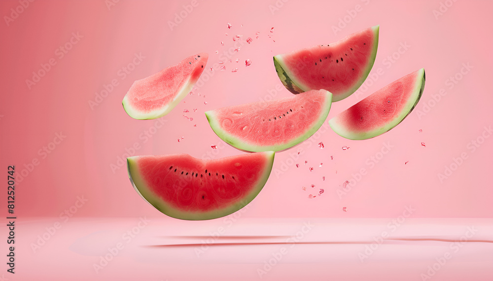 Slices of fresh juicy watermelon falling on pink background Slices of fresh juicy watermelon falling on pink background