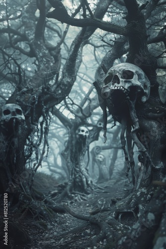 Haunted Forest Path with Skull Trees Artwork 