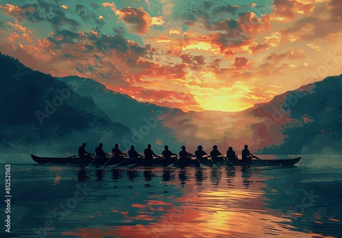 A digital artwork of rowers against an animated sunset sky, encapsulating the blend of tradition with modern digital art techniques