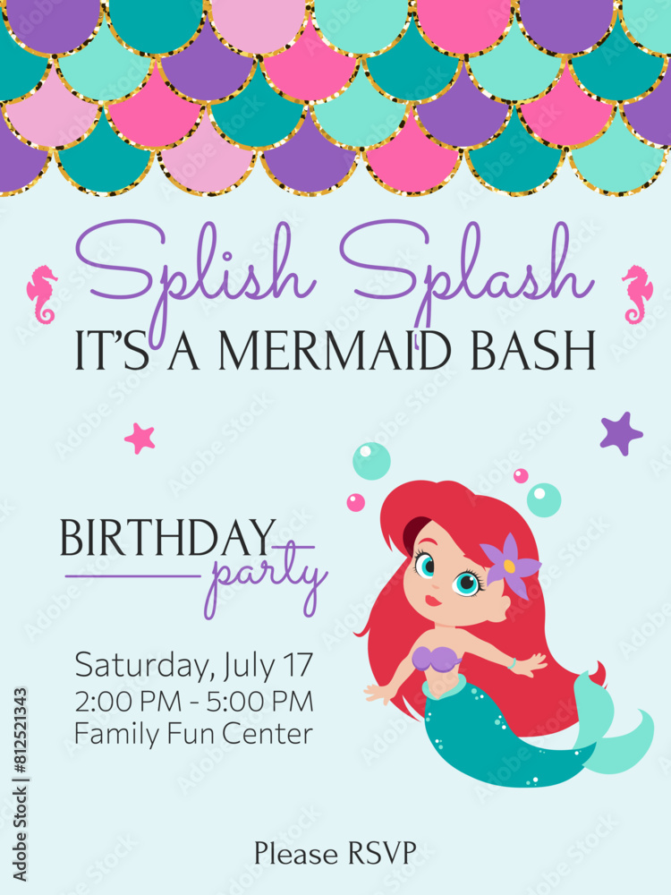 Splish Splash Mermaid Birthday Party Invitation Splish Splash Mermaid Birthday Party Invitation