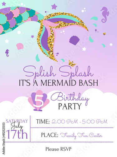 Splish Splash Mermaid Birthday Party Invitation Purple 