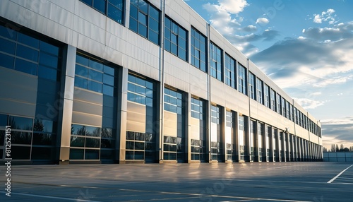 A large, modern commercial building with expansive reflective windows catching the sunset's orange glow in a clear sky
