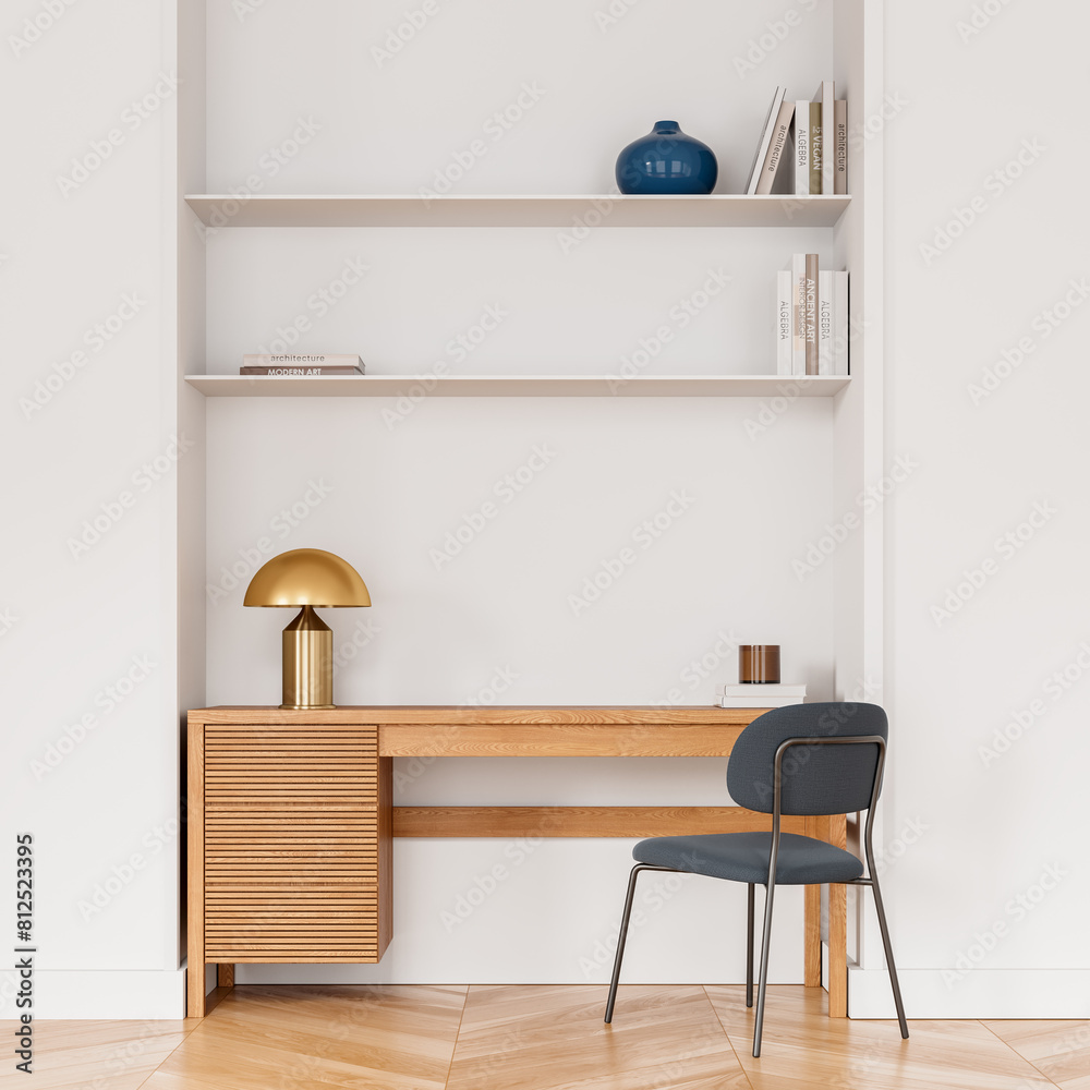 Fototapeta premium Hotel bedroom interior with beauty table and chair, shelf with art decoration