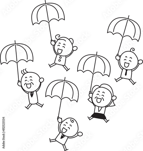 雨の日に傘をさしている笑顔の人々