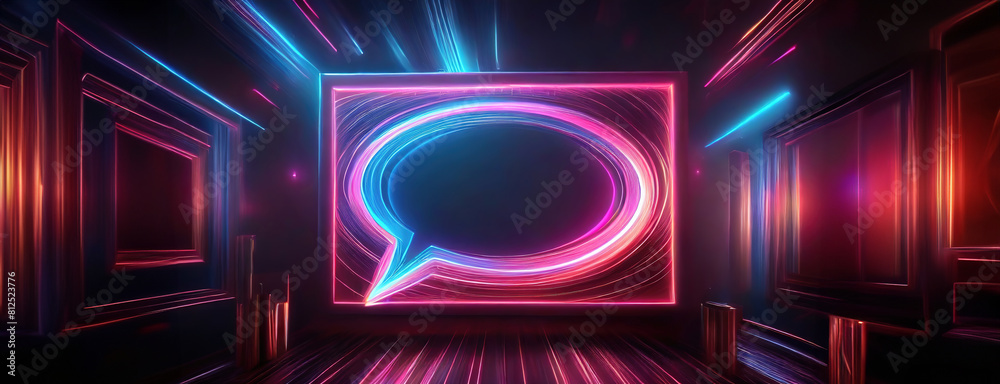 Neon lit speech bubble in a futuristic room, glowing in pink and blue hues. Panorama with copy space. Neon lit speech bubble in a futuristic room, glowing in pink and blue hues. Panorama with copy space.