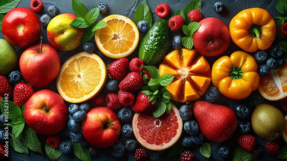 custom made wallpaper toronto digitalAssorted fresh ripe fruits and vegetables. Food concept background. View from above. Copy space.