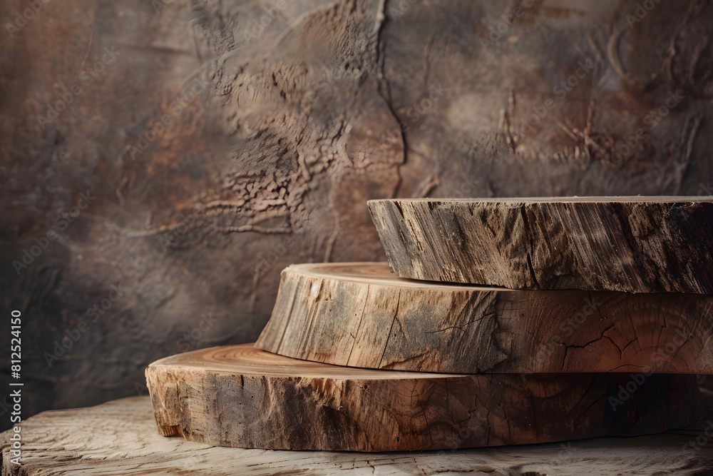 Background for products cosmetics, food or jewellery. Rustic wood pieces podium. Generative Ai.