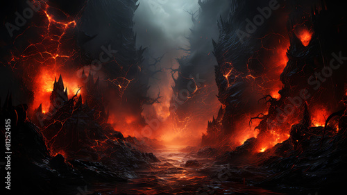 A fiery landscape with lava and fire